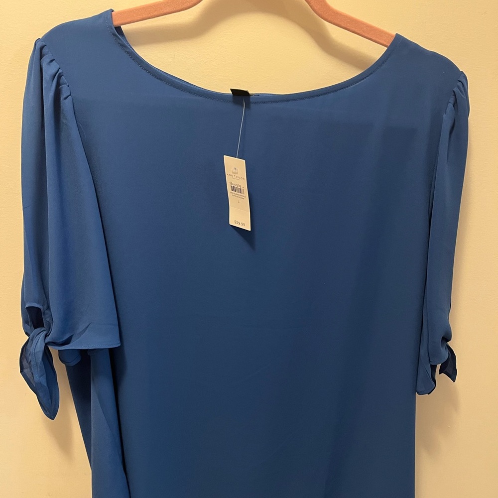NWT Ann Taylor Blue 3/4 Sleeve Tie Front Blouse